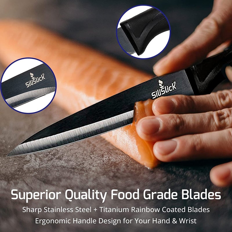 SiliSlick Rainbow Kitchen Knife Set, Sharp Stainless Steel Knives with Titanium Coating, Chef, Bread, Santoku, Paring, & Utility, Includes Covers, Ergonomic Black Handle - Image 3